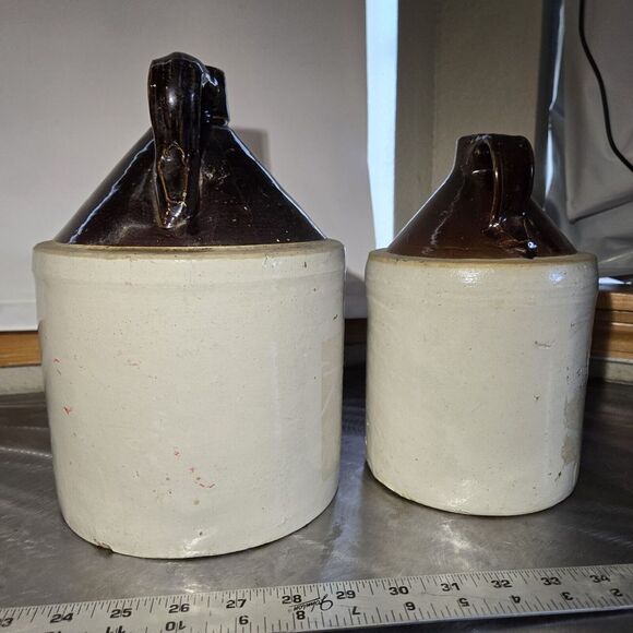 2 Antique Primitive Stoneware Pottery Crock Jug / Whiskey Moon shine - Picture 2 of 9